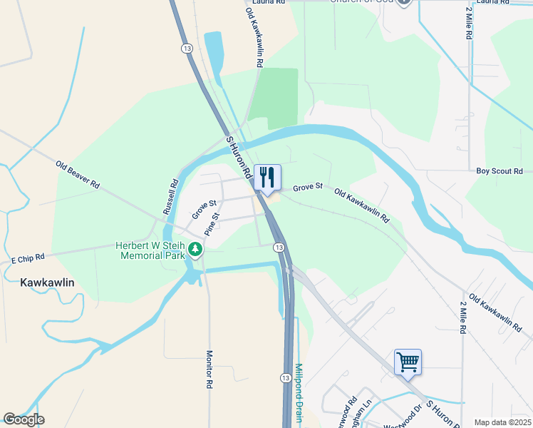 map of restaurants, bars, coffee shops, grocery stores, and more near 100 Chippewa Road in Kawkawlin