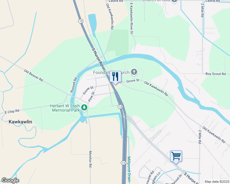 map of restaurants, bars, coffee shops, grocery stores, and more near 100 Chippewa Road in Kawkawlin