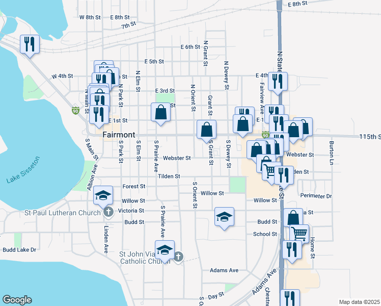map of restaurants, bars, coffee shops, grocery stores, and more near 216 South Orient Street in Fairmont