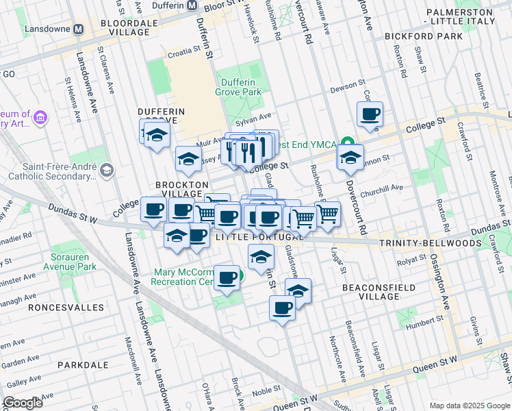 map of restaurants, bars, coffee shops, grocery stores, and more near 677 Dufferin Street in Toronto