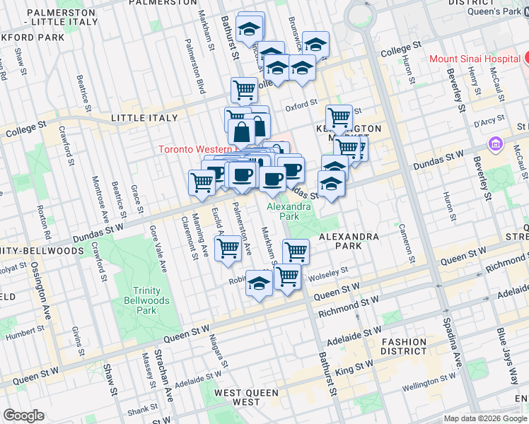 map of restaurants, bars, coffee shops, grocery stores, and more near 121 Markham Street in Toronto