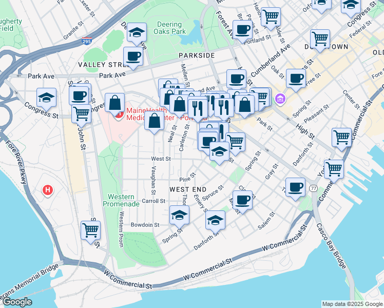 map of restaurants, bars, coffee shops, grocery stores, and more near 15 Blyth Court in Portland