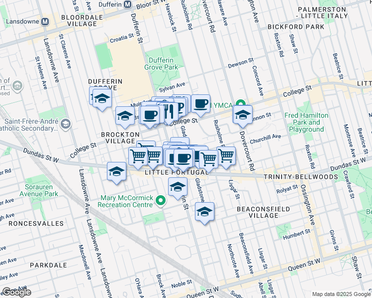 map of restaurants, bars, coffee shops, grocery stores, and more near 282 Gladstone Avenue in Toronto