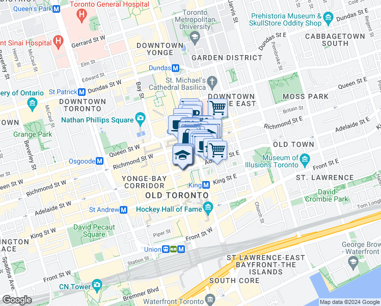 map of restaurants, bars, coffee shops, grocery stores, and more near 4 Temperance Street in Toronto
