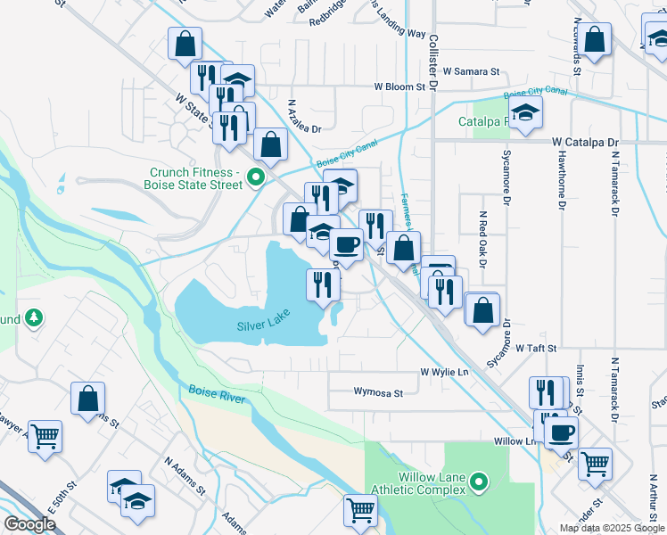 map of restaurants, bars, coffee shops, grocery stores, and more near 5115 West State Street in Boise