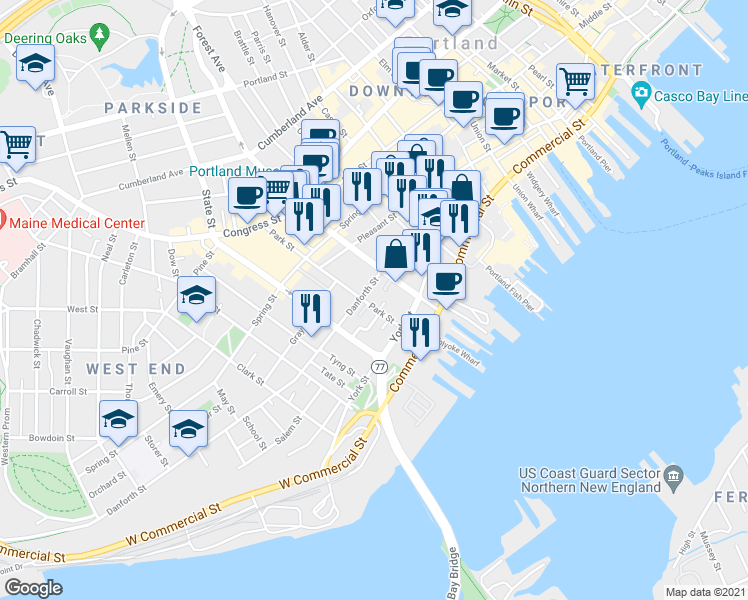 map of restaurants, bars, coffee shops, grocery stores, and more near 96 Danforth Street in Portland