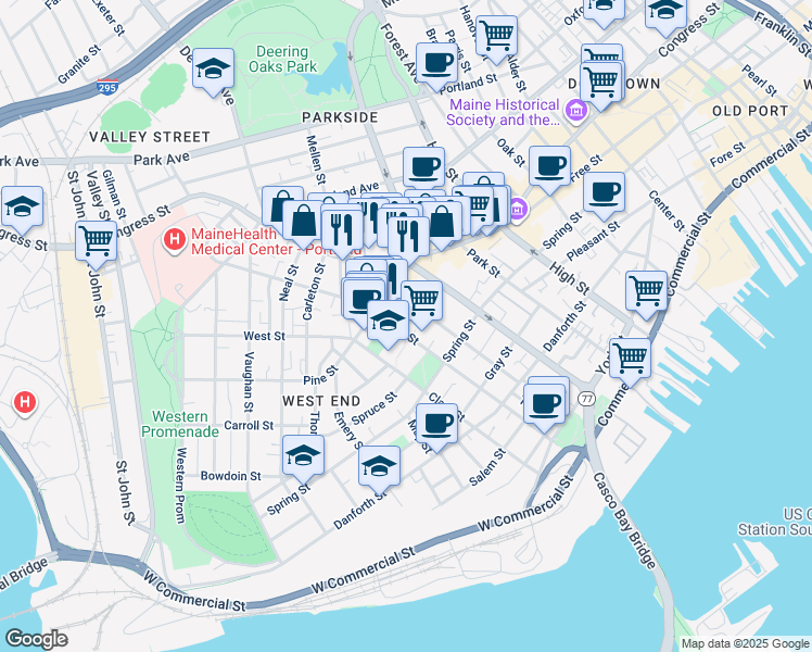 map of restaurants, bars, coffee shops, grocery stores, and more near 183 Brackett Street in Portland