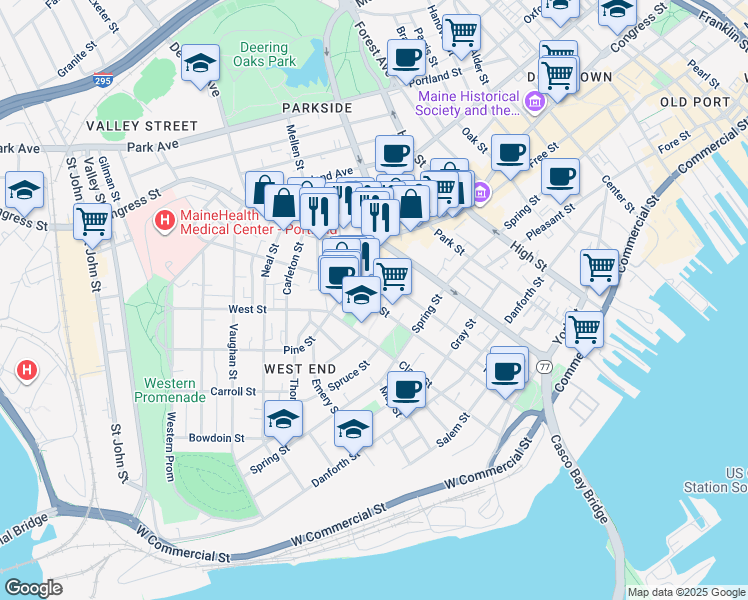 map of restaurants, bars, coffee shops, grocery stores, and more near 183 Brackett Street in Portland