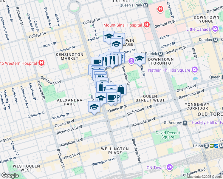 map of restaurants, bars, coffee shops, grocery stores, and more near in Toronto