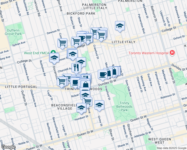 map of restaurants, bars, coffee shops, grocery stores, and more near in Toronto