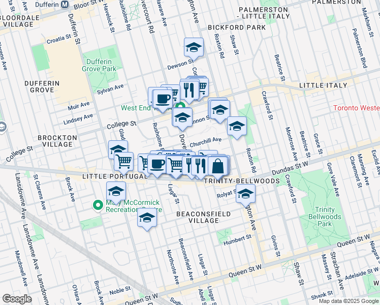 map of restaurants, bars, coffee shops, grocery stores, and more near in Toronto