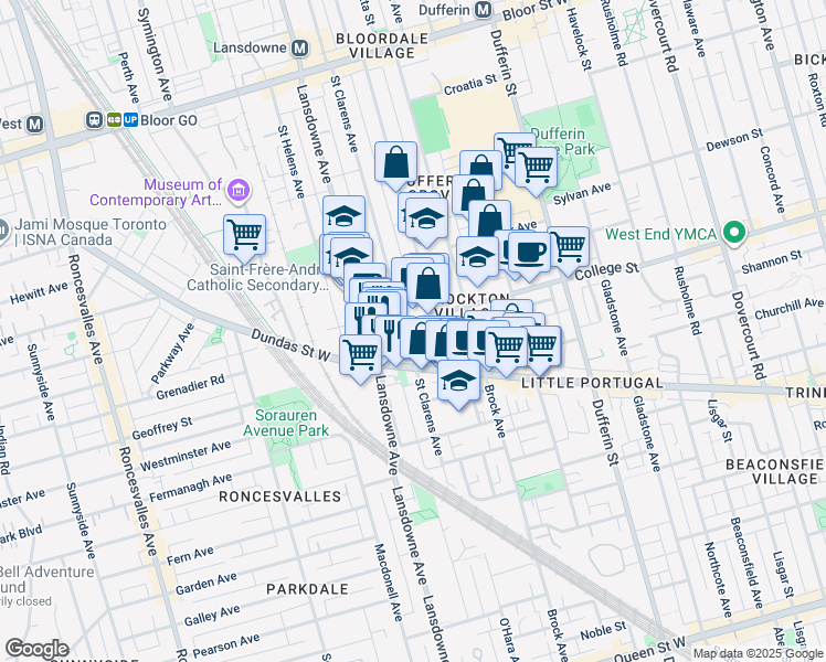 map of restaurants, bars, coffee shops, grocery stores, and more near in Toronto