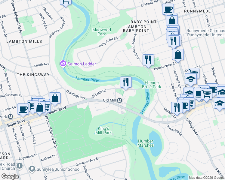 map of restaurants, bars, coffee shops, grocery stores, and more near 62 Old Mill Road in Toronto