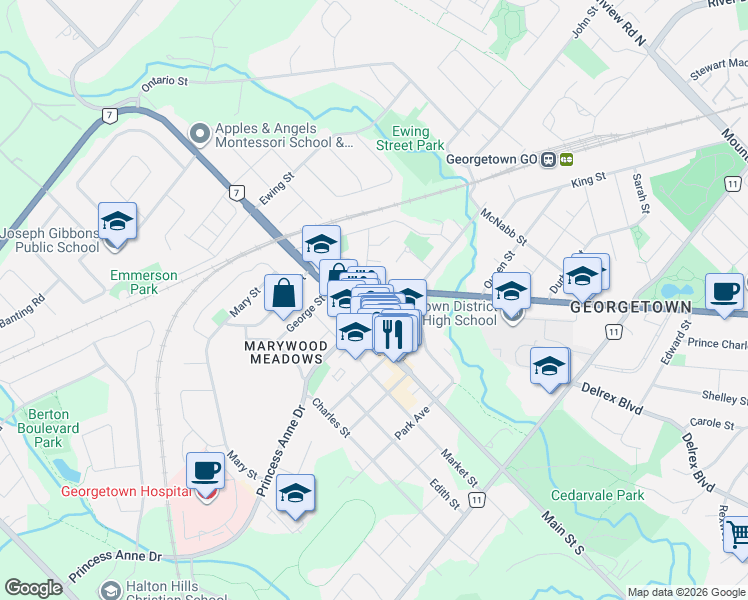 map of restaurants, bars, coffee shops, grocery stores, and more near 8 Ontario 7 in Halton Hills