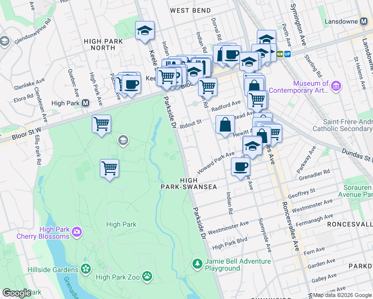 map of restaurants, bars, coffee shops, grocery stores, and more near 9 Indian Valley Crescent in Toronto