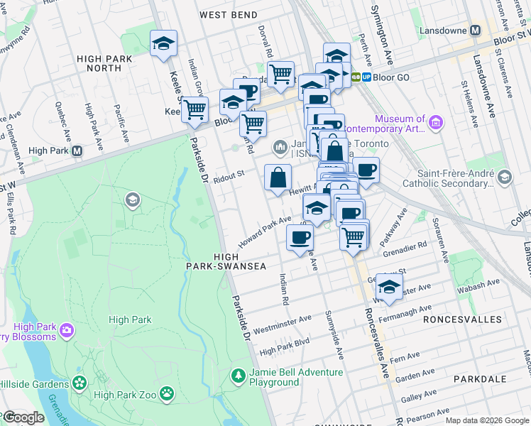 map of restaurants, bars, coffee shops, grocery stores, and more near 260 Indian Road in Toronto