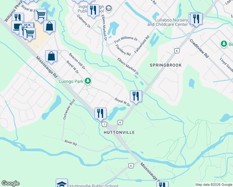 map of restaurants, bars, coffee shops, grocery stores, and more near 61 Adamsville Road in Brampton