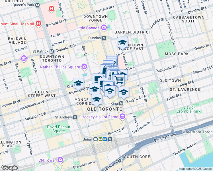 map of restaurants, bars, coffee shops, grocery stores, and more near 14 Temperance Street in Toronto