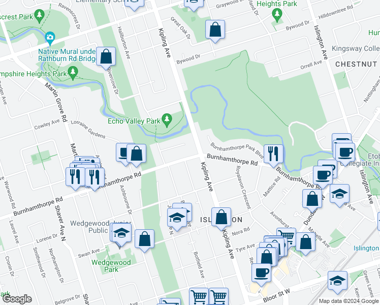 map of restaurants, bars, coffee shops, grocery stores, and more near 201 Burnhamthorpe Road in Toronto