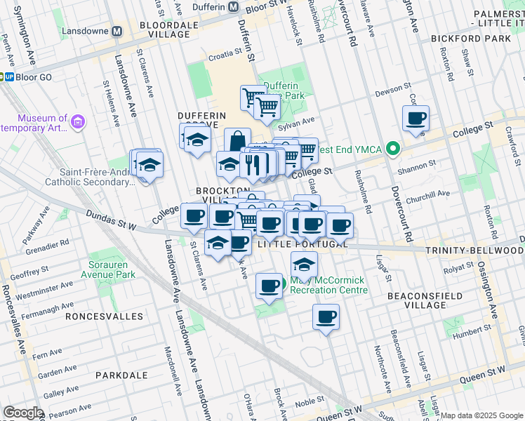 map of restaurants, bars, coffee shops, grocery stores, and more near 165 Sheridan Avenue in Toronto
