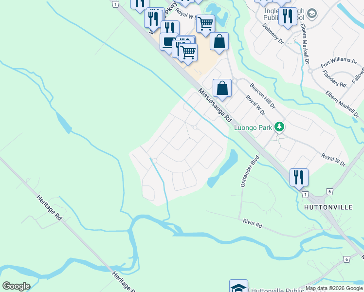 map of restaurants, bars, coffee shops, grocery stores, and more near Blue Silo Way in Brampton