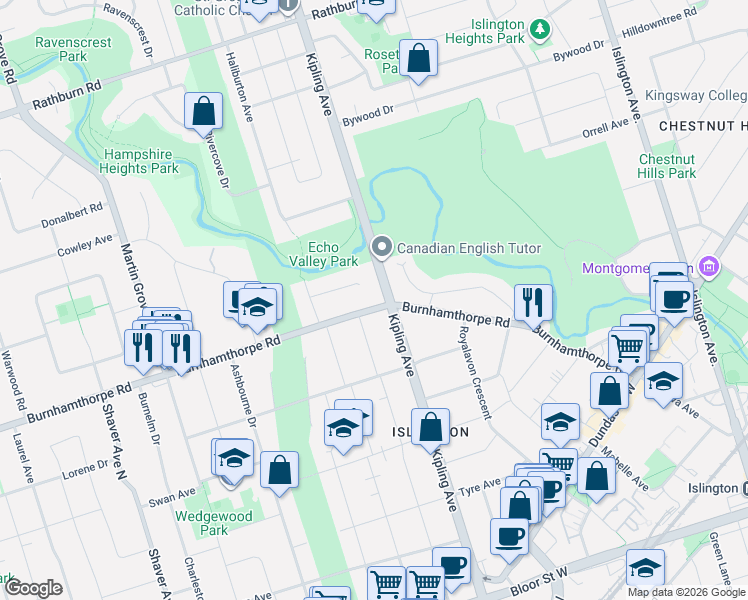 map of restaurants, bars, coffee shops, grocery stores, and more near 60 Burnhamthorpe Crescent in Toronto