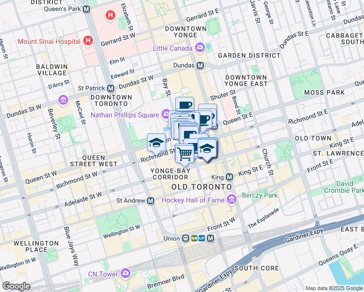 map of restaurants, bars, coffee shops, grocery stores, and more near 80 Richmond Street West in Toronto