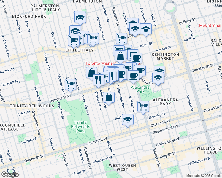 map of restaurants, bars, coffee shops, grocery stores, and more near 197 Euclid Avenue in Toronto
