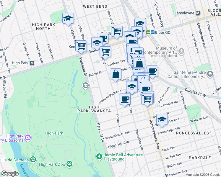 map of restaurants, bars, coffee shops, grocery stores, and more near in Toronto