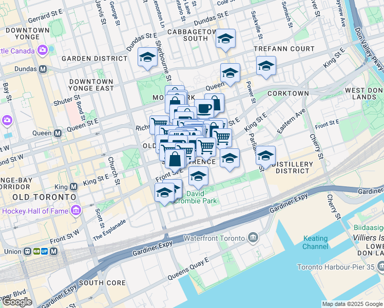 map of restaurants, bars, coffee shops, grocery stores, and more near 39 Sherbourne Street in Toronto