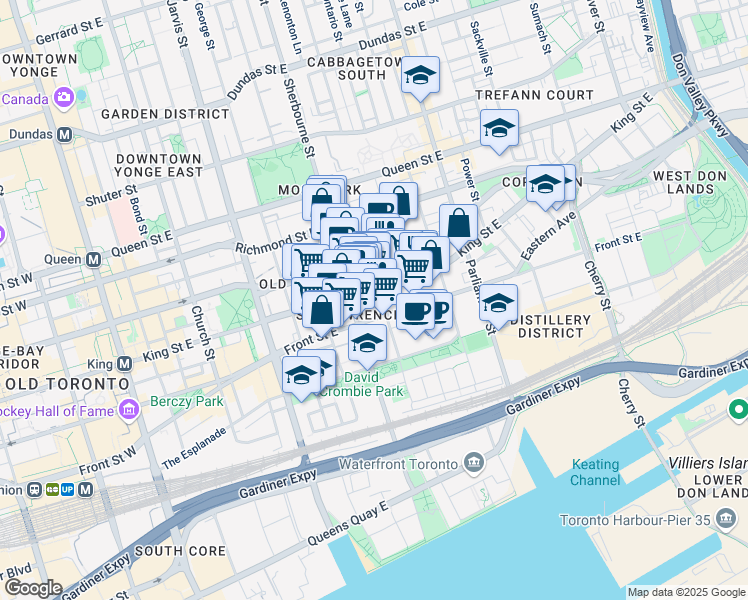 map of restaurants, bars, coffee shops, grocery stores, and more near 138 Princess Street in Toronto