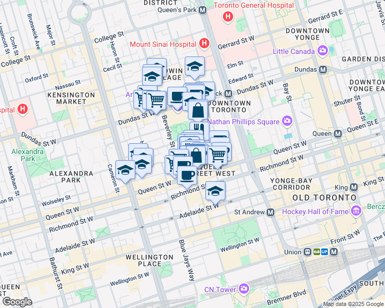 map of restaurants, bars, coffee shops, grocery stores, and more near 179 John Street in Toronto