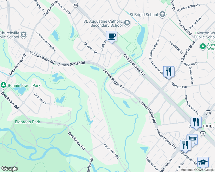map of restaurants, bars, coffee shops, grocery stores, and more near 14 Fahey Drive in Brampton