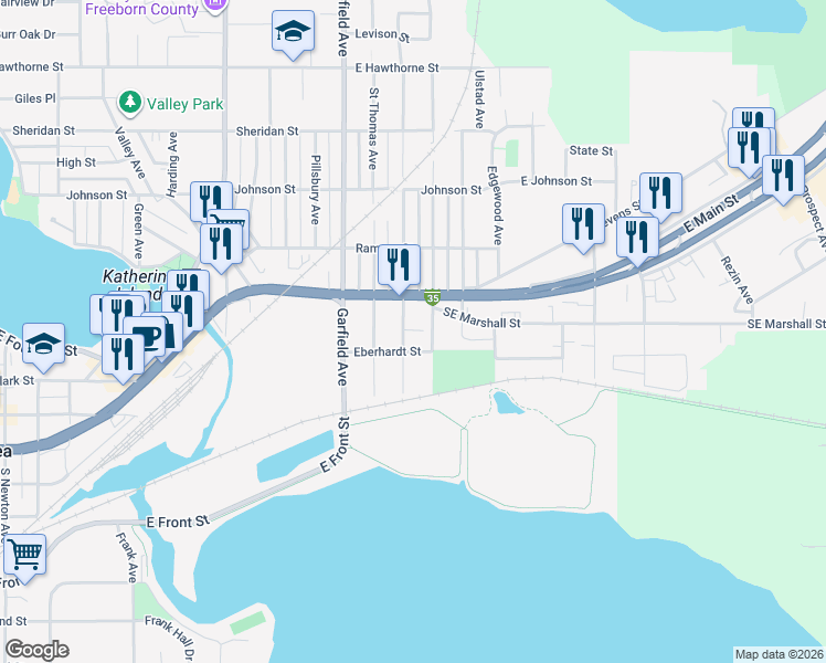 map of restaurants, bars, coffee shops, grocery stores, and more near 1414 Southeast Marshall Street in Albert Lea