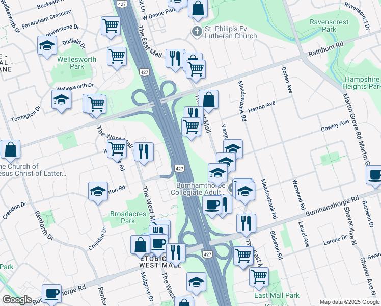 map of restaurants, bars, coffee shops, grocery stores, and more near 5 Capri Road in Toronto