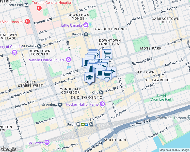 map of restaurants, bars, coffee shops, grocery stores, and more near 140 Yonge Street in Toronto