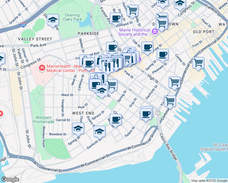 map of restaurants, bars, coffee shops, grocery stores, and more near 88 Winter Street in Portland