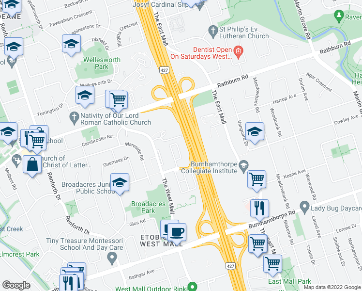 map of restaurants, bars, coffee shops, grocery stores, and more near 7 Applewood Lane in Toronto