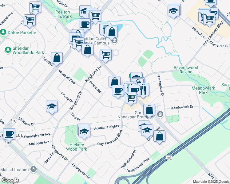 map of restaurants, bars, coffee shops, grocery stores, and more near 42 Broad Oak Court in Brampton