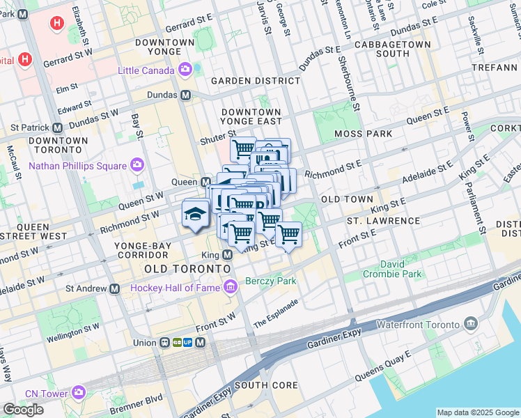 map of restaurants, bars, coffee shops, grocery stores, and more near 60 Adelaide Street East in Toronto