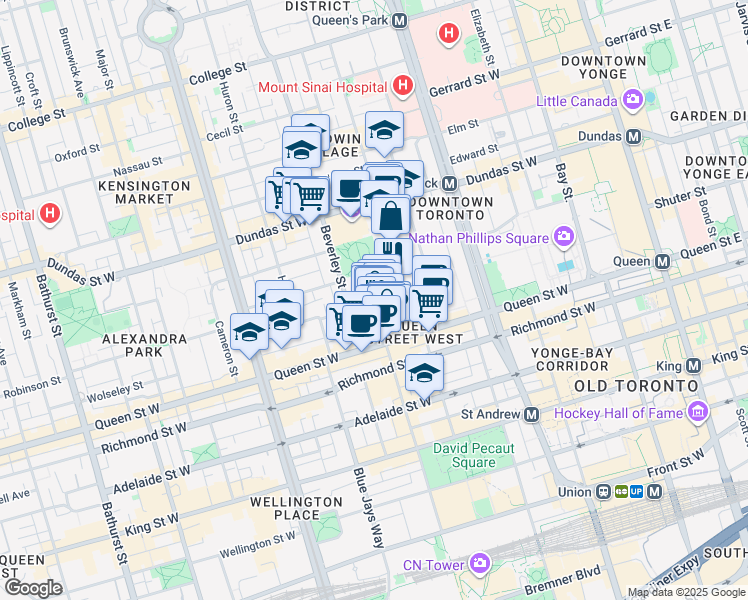 map of restaurants, bars, coffee shops, grocery stores, and more near Stephanie Street in Toronto