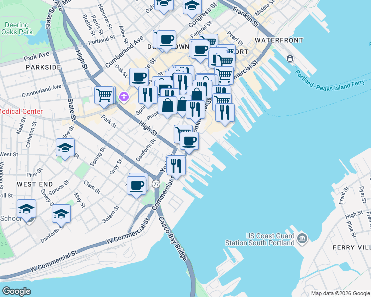 map of restaurants, bars, coffee shops, grocery stores, and more near 383 Commercial Street in Portland