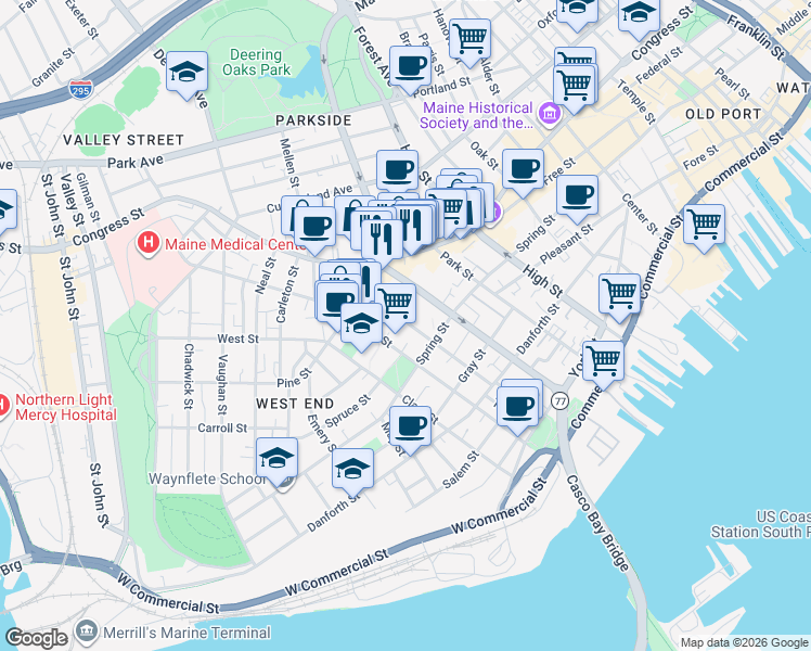 map of restaurants, bars, coffee shops, grocery stores, and more near 144 Maine 77 in Portland