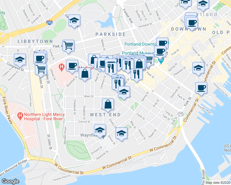 map of restaurants, bars, coffee shops, grocery stores, and more near 4 Houlton Street in Portland