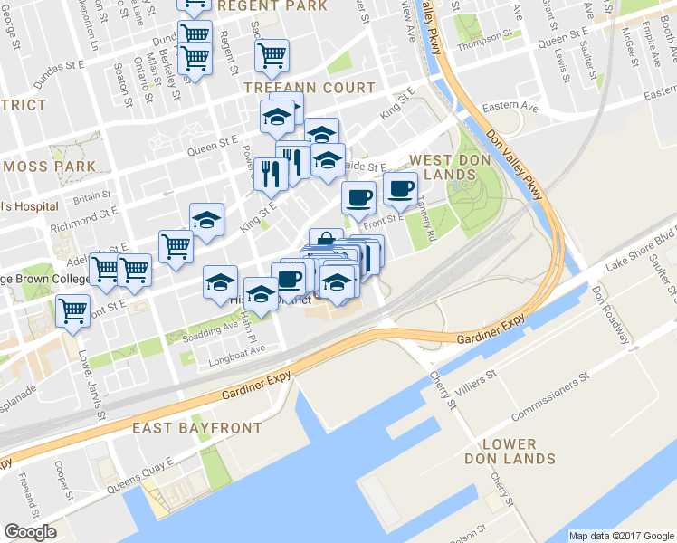 map of restaurants, bars, coffee shops, grocery stores, and more near 50 Tank House Lane in Toronto