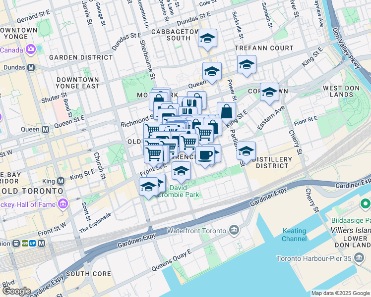 map of restaurants, bars, coffee shops, grocery stores, and more near 266 King Street East in Toronto