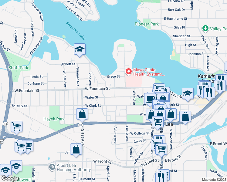 map of restaurants, bars, coffee shops, grocery stores, and more near 529 West Fountain Street in Albert Lea