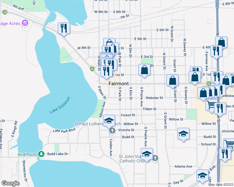 map of restaurants, bars, coffee shops, grocery stores, and more near in Fairmont