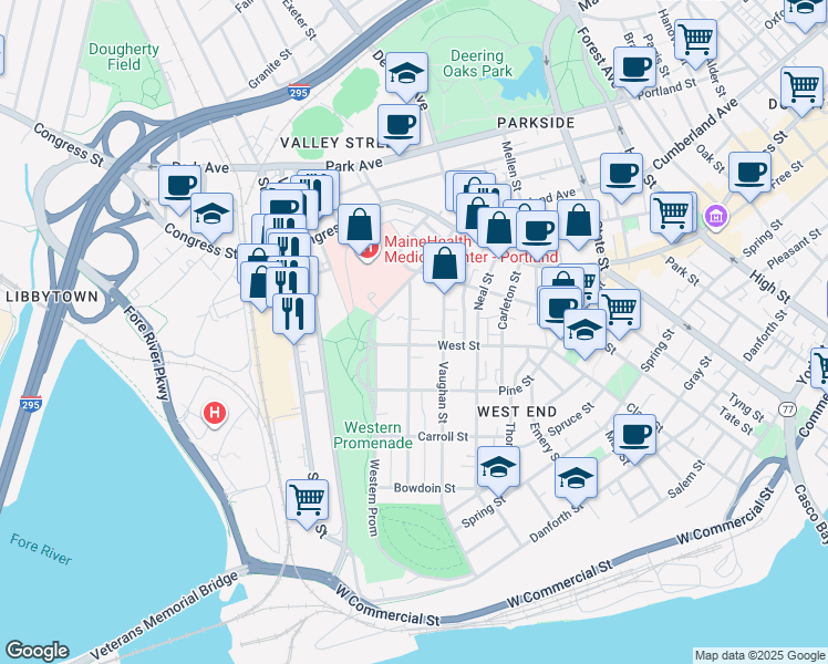 map of restaurants, bars, coffee shops, grocery stores, and more near 132 Chadwick Street in Portland