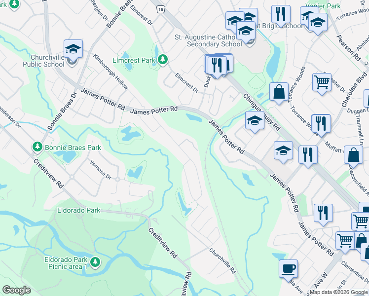 map of restaurants, bars, coffee shops, grocery stores, and more near 64 Leadership Drive in Brampton